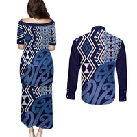 New Zealand Couples Matching Puletasi and Long Sleeve Button Shirt Aotearoa Kowhaiwhai Mix Taniko Art - Blue