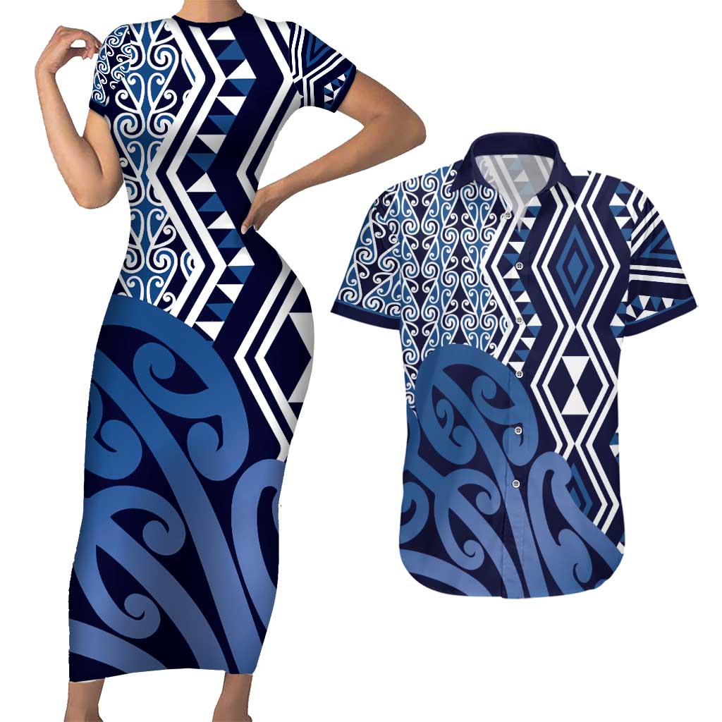 New Zealand Couples Matching Short Sleeve Bodycon Dress and Hawaiian Shirt Aotearoa Kowhaiwhai Mix Taniko Art - Blue