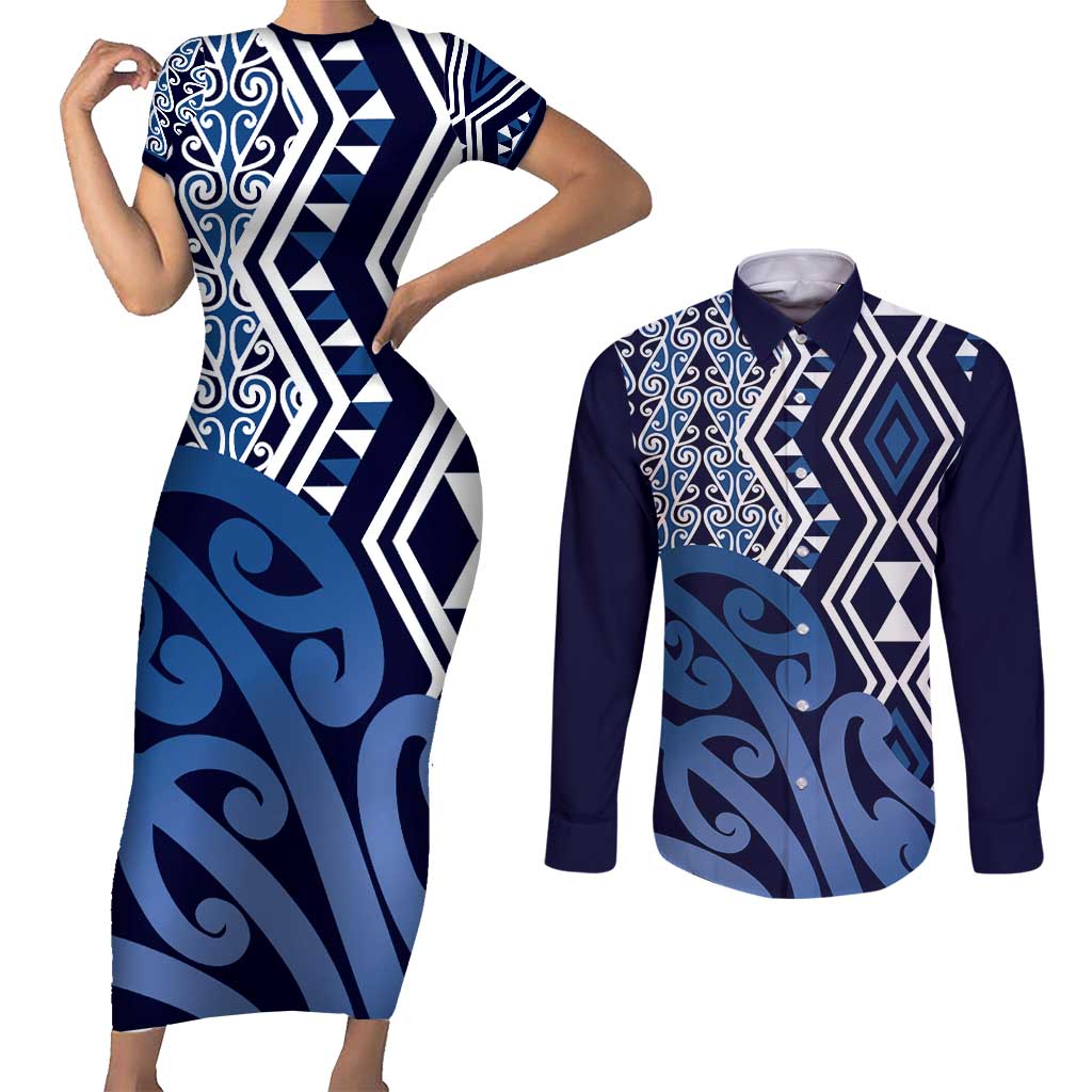 New Zealand Couples Matching Short Sleeve Bodycon Dress and Long Sleeve Button Shirt Aotearoa Kowhaiwhai Mix Taniko Art - Blue