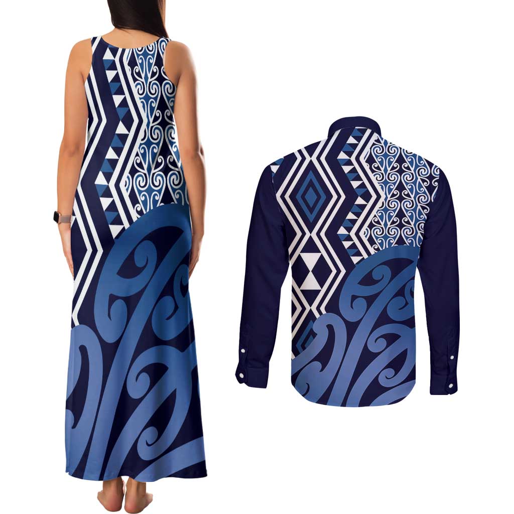 New Zealand Couples Matching Tank Maxi Dress and Long Sleeve Button Shirt Aotearoa Kowhaiwhai Mix Taniko Art - Blue