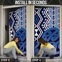 New Zealand Door Cover Aotearoa Kowhaiwhai Mix Taniko Art - Blue - Polynesian Pride