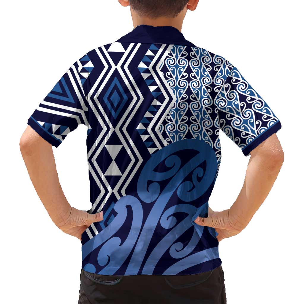 New Zealand Family Matching Off Shoulder Maxi Dress and Hawaiian Shirt Aotearoa Kowhaiwhai Mix Taniko Art - Blue LT14 - Polynesian Pride