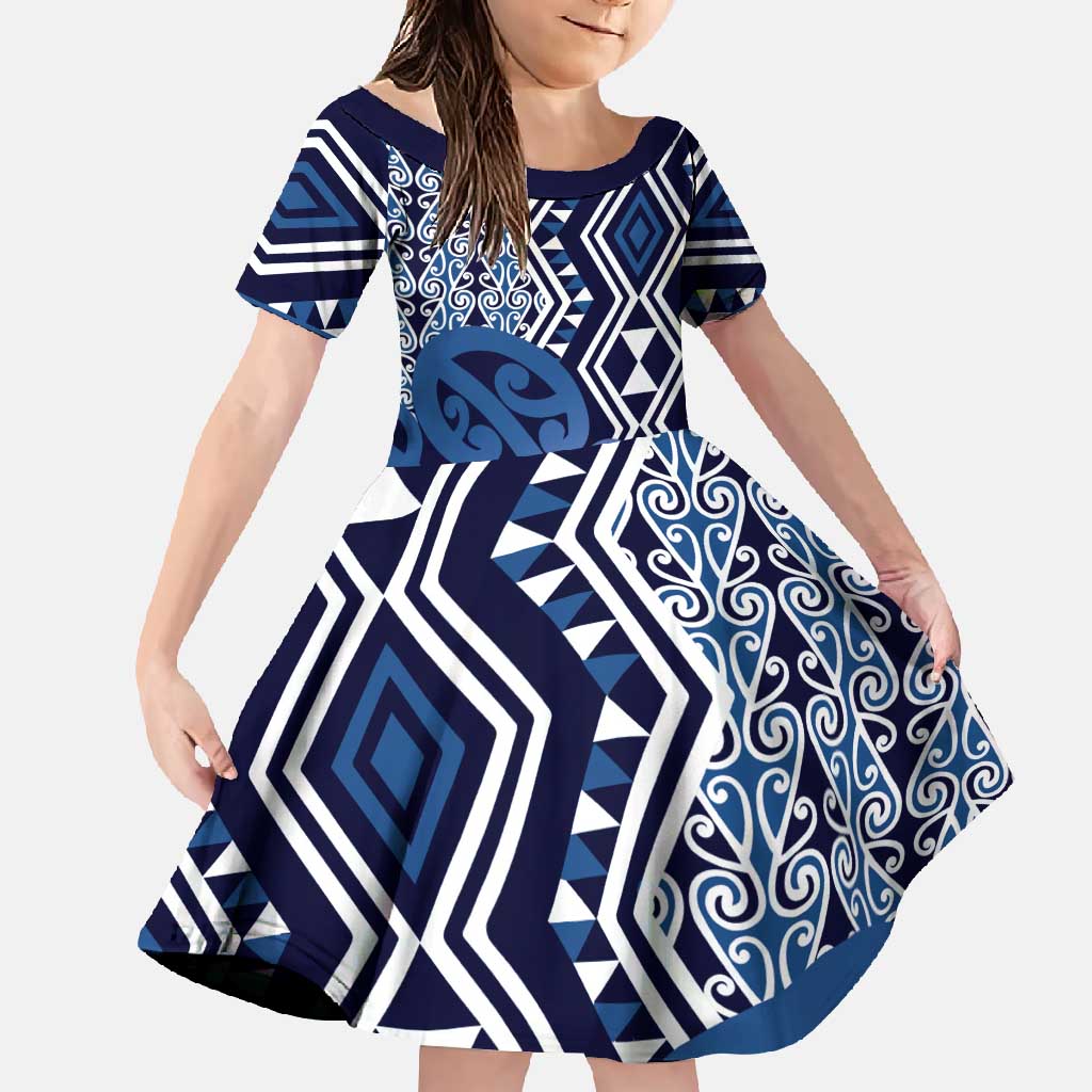 New Zealand Family Matching Off Shoulder Maxi Dress and Hawaiian Shirt Aotearoa Kowhaiwhai Mix Taniko Art - Blue LT14 Daughter's Dress Blue - Polynesian Pride