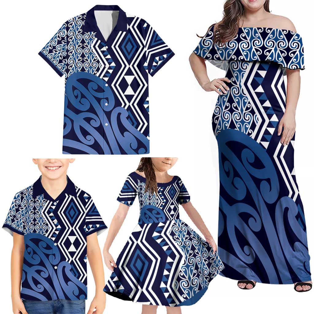 New Zealand Family Matching Off Shoulder Maxi Dress and Hawaiian Shirt Aotearoa Kowhaiwhai Mix Taniko Art - Blue LT14 - Polynesian Pride