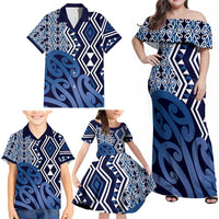 New Zealand Family Matching Off Shoulder Maxi Dress and Hawaiian Shirt Aotearoa Kowhaiwhai Mix Taniko Art - Blue LT14 - Polynesian Pride