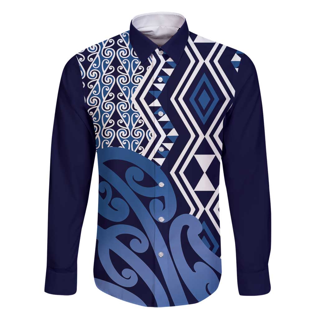 New Zealand Family Matching Off Shoulder Maxi Dress and Hawaiian Shirt Aotearoa Kowhaiwhai Mix Taniko Art - Blue LT14 Dad's Shirt - Long Sleeve Blue - Polynesian Pride