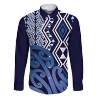 New Zealand Family Matching Off Shoulder Maxi Dress and Hawaiian Shirt Aotearoa Kowhaiwhai Mix Taniko Art - Blue LT14 Dad's Shirt - Long Sleeve Blue - Polynesian Pride
