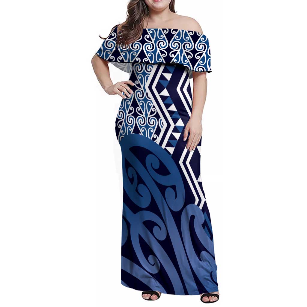 New Zealand Family Matching Off Shoulder Maxi Dress and Hawaiian Shirt Aotearoa Kowhaiwhai Mix Taniko Art - Blue LT14 Mom's Dress Blue - Polynesian Pride