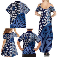 New Zealand Family Matching Summer Maxi Dress and Hawaiian Shirt Aotearoa Kowhaiwhai Mix Taniko Art - Blue LT14 - Polynesian Pride