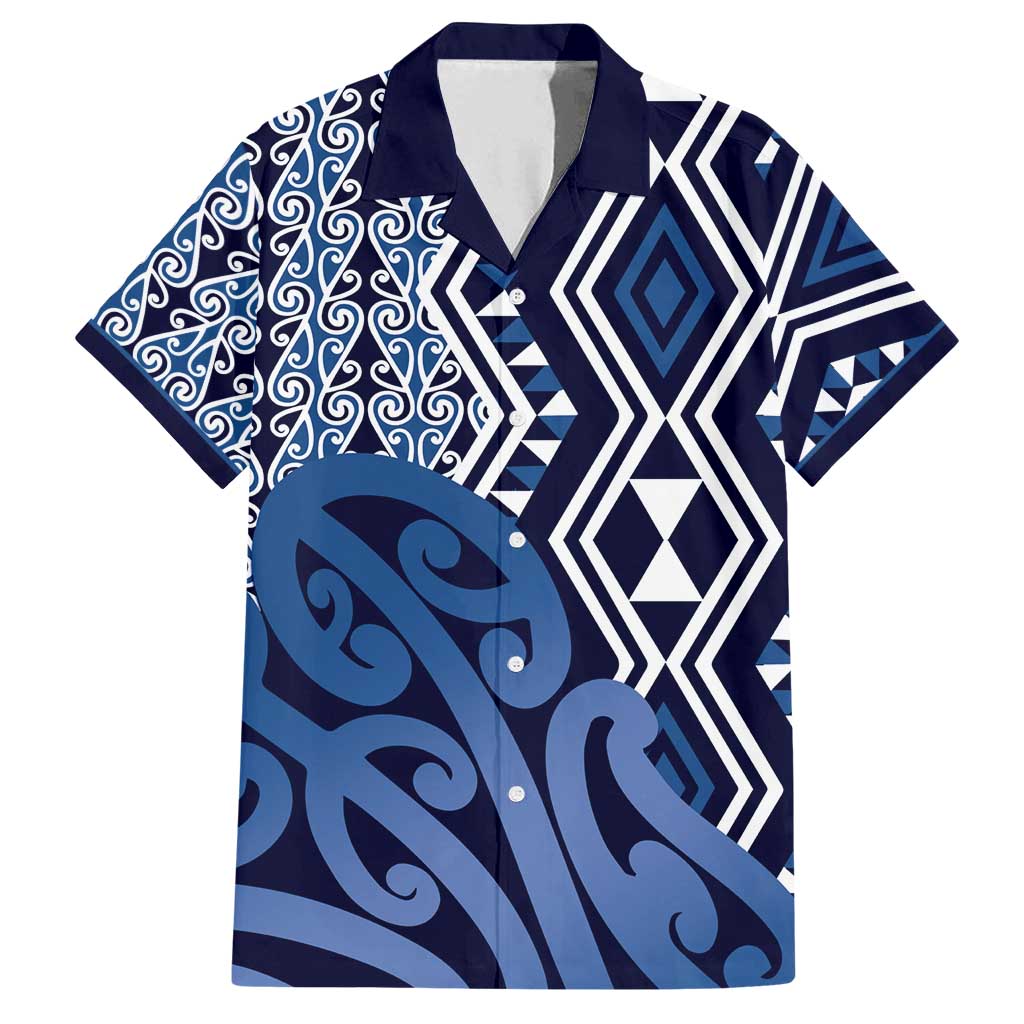 New Zealand Family Matching Summer Maxi Dress and Hawaiian Shirt Aotearoa Kowhaiwhai Mix Taniko Art - Blue LT14 Dad's Shirt - Short Sleeve Blue - Polynesian Pride