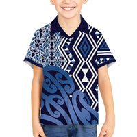 New Zealand Family Matching Summer Maxi Dress and Hawaiian Shirt Aotearoa Kowhaiwhai Mix Taniko Art - Blue LT14 Son's Shirt Blue - Polynesian Pride