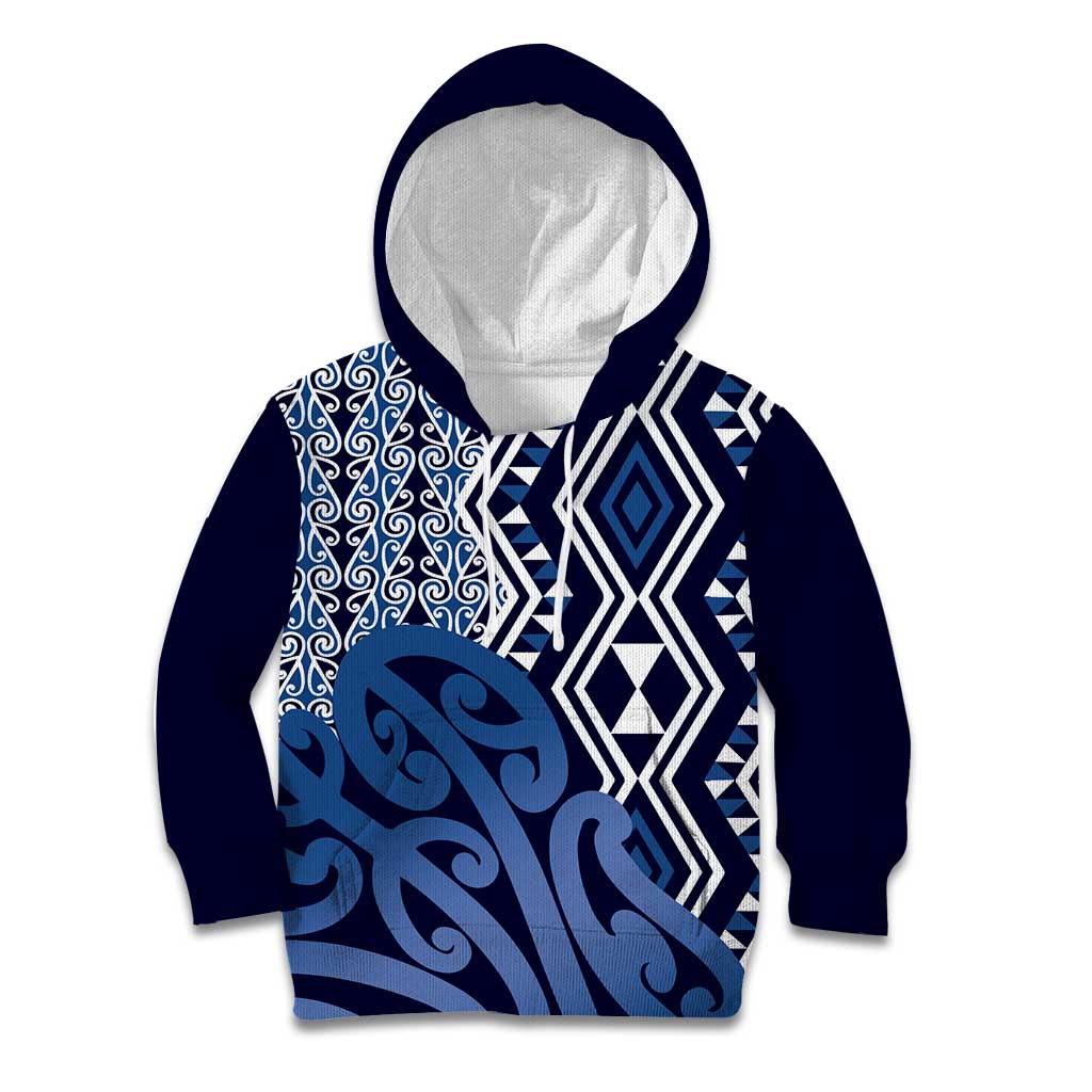 New Zealand Kid Hoodie Aotearoa Kowhaiwhai Mix Taniko Art - Blue