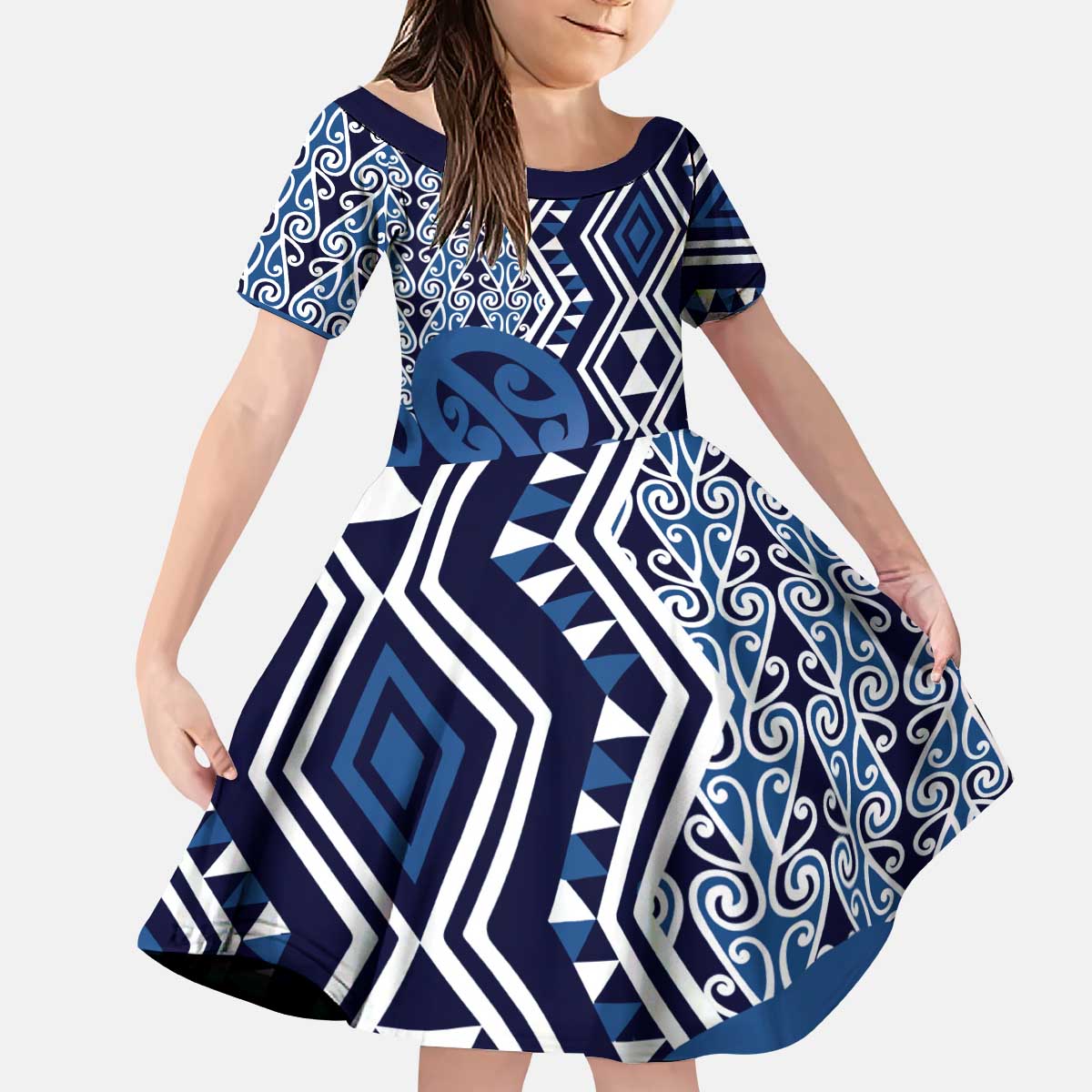 New Zealand Kid Short Sleeve Dress Aotearoa Kowhaiwhai Mix Taniko Art - Blue