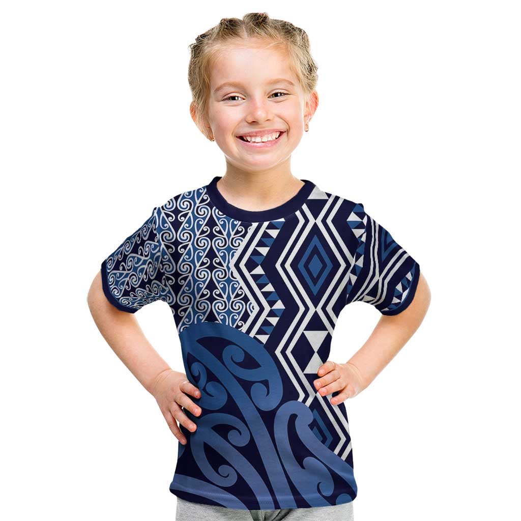 New Zealand Kid T Shirt Aotearoa Kowhaiwhai Mix Taniko Art - Blue