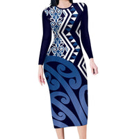 New Zealand Long Sleeve Bodycon Dress Aotearoa Kowhaiwhai Mix Taniko Art - Blue LT14 Long Dress Blue - Polynesian Pride