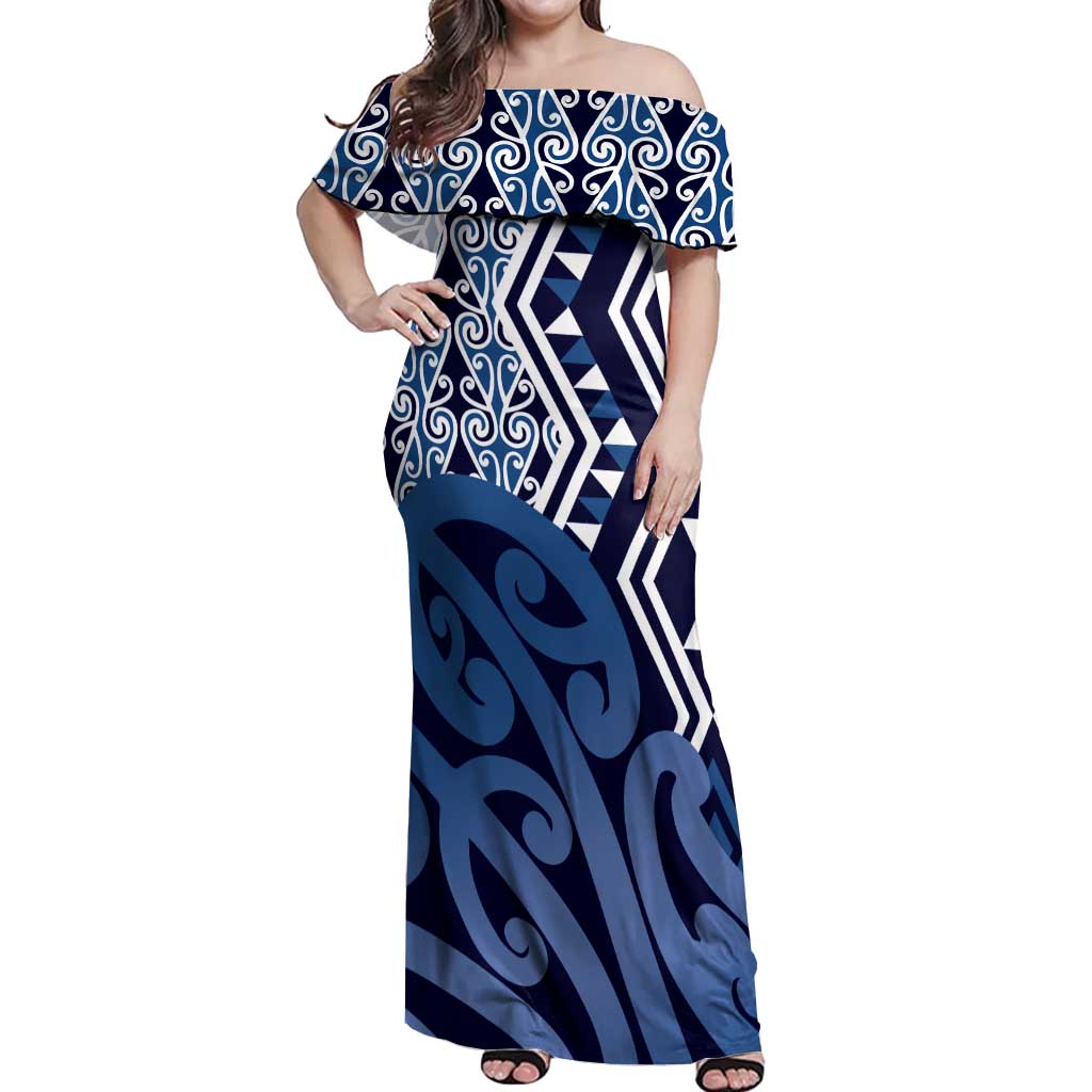 New Zealand Off Shoulder Maxi Dress Aotearoa Kowhaiwhai Mix Taniko Art - Blue