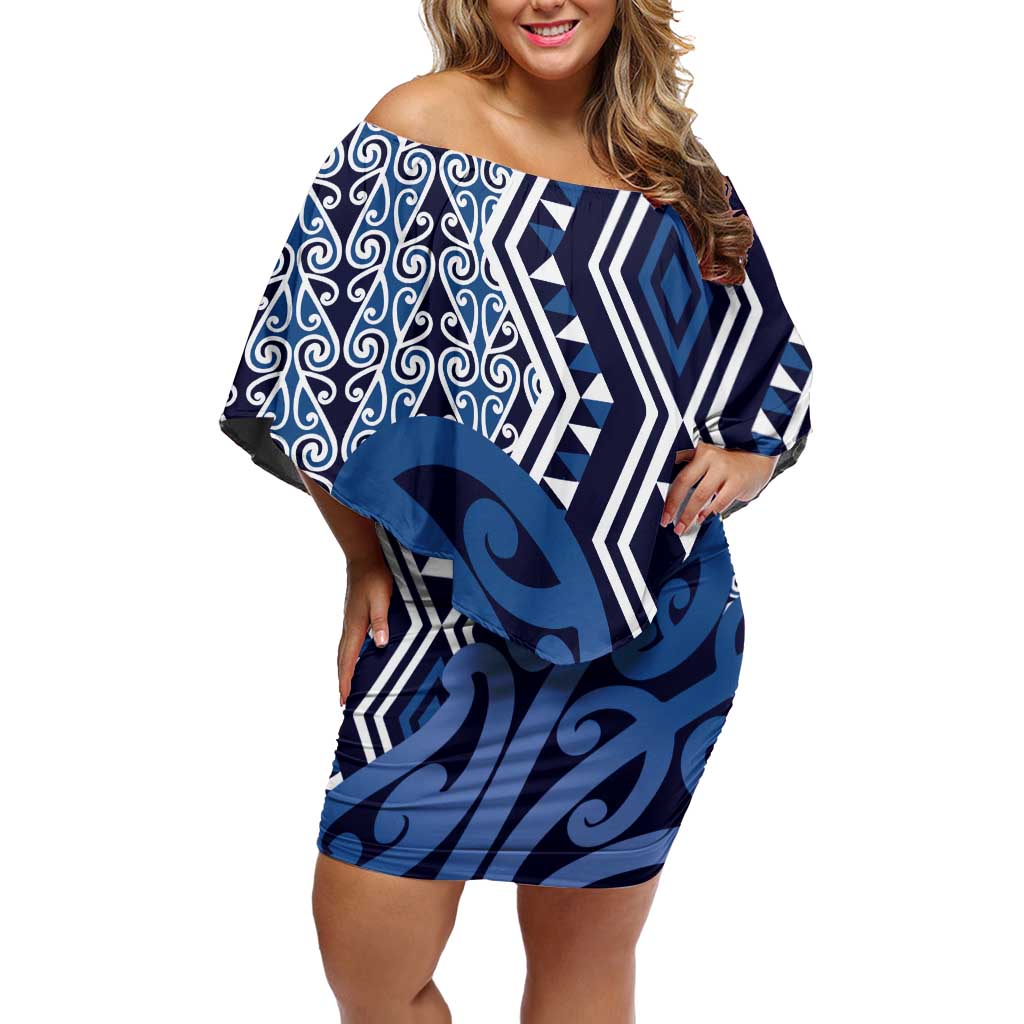 New Zealand Off Shoulder Short Dress Aotearoa Kowhaiwhai Mix Taniko Art - Blue