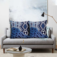 New Zealand Pillow Cover Aotearoa Kowhaiwhai Mix Taniko Art - Blue - Polynesian Pride