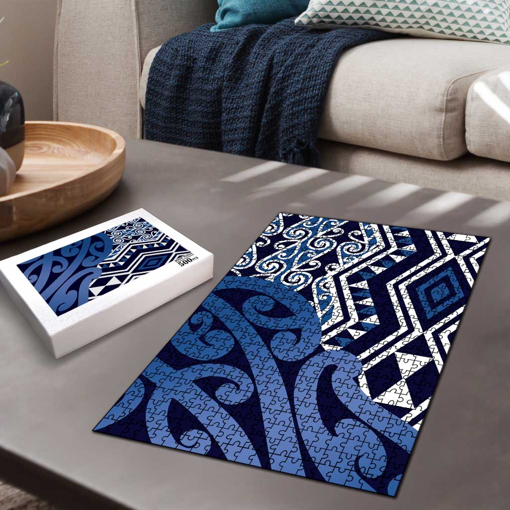 New Zealand Puzzle Aotearoa Kowhaiwhai Mix Taniko Art - Blue - Polynesian Pride