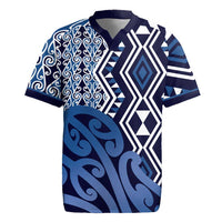 New Zealand Rugby Jersey Aotearoa Kowhaiwhai Mix Taniko Art - Blue