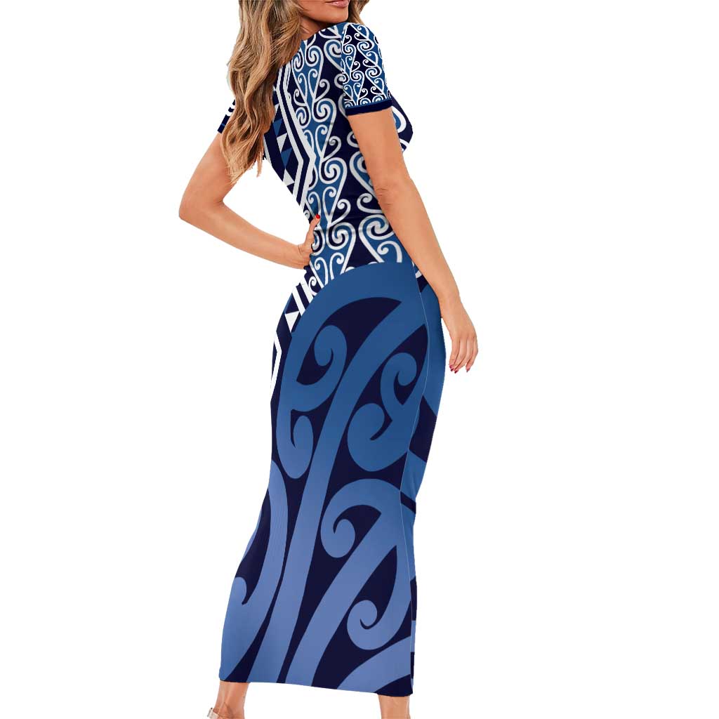 New Zealand Short Sleeve Bodycon Dress Aotearoa Kowhaiwhai Mix Taniko Art - Blue LT14 - Polynesian Pride