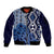 New Zealand Sleeve Zip Bomber Jacket Aotearoa Kowhaiwhai Mix Taniko Art - Blue