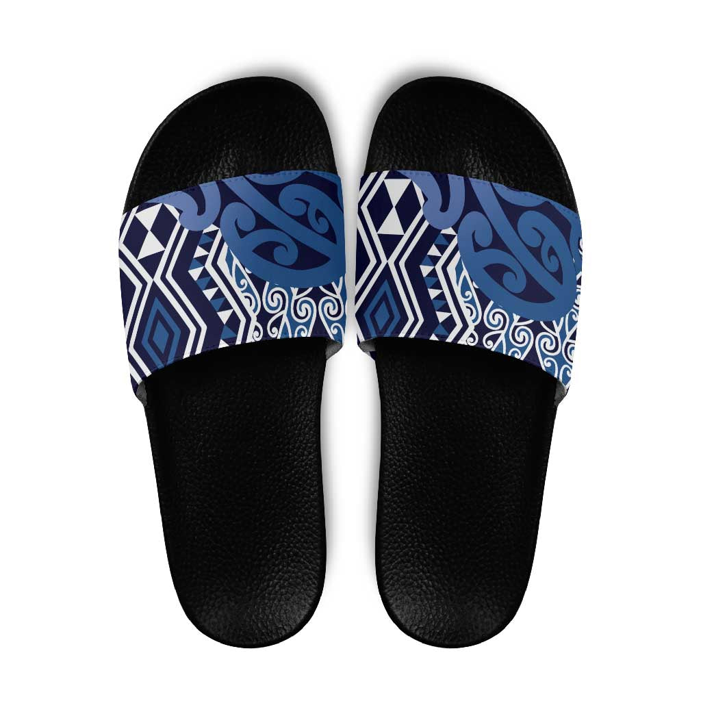 New Zealand Slide Sandals Aotearoa Kowhaiwhai Mix Taniko Art - Blue - Polynesian Pride