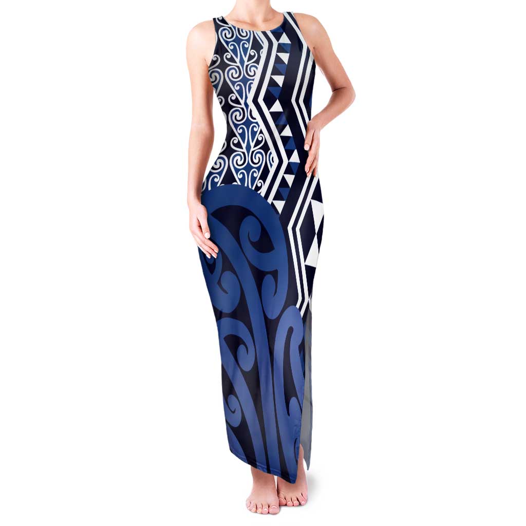 New Zealand Tank Maxi Dress Aotearoa Kowhaiwhai Mix Taniko Art - Blue