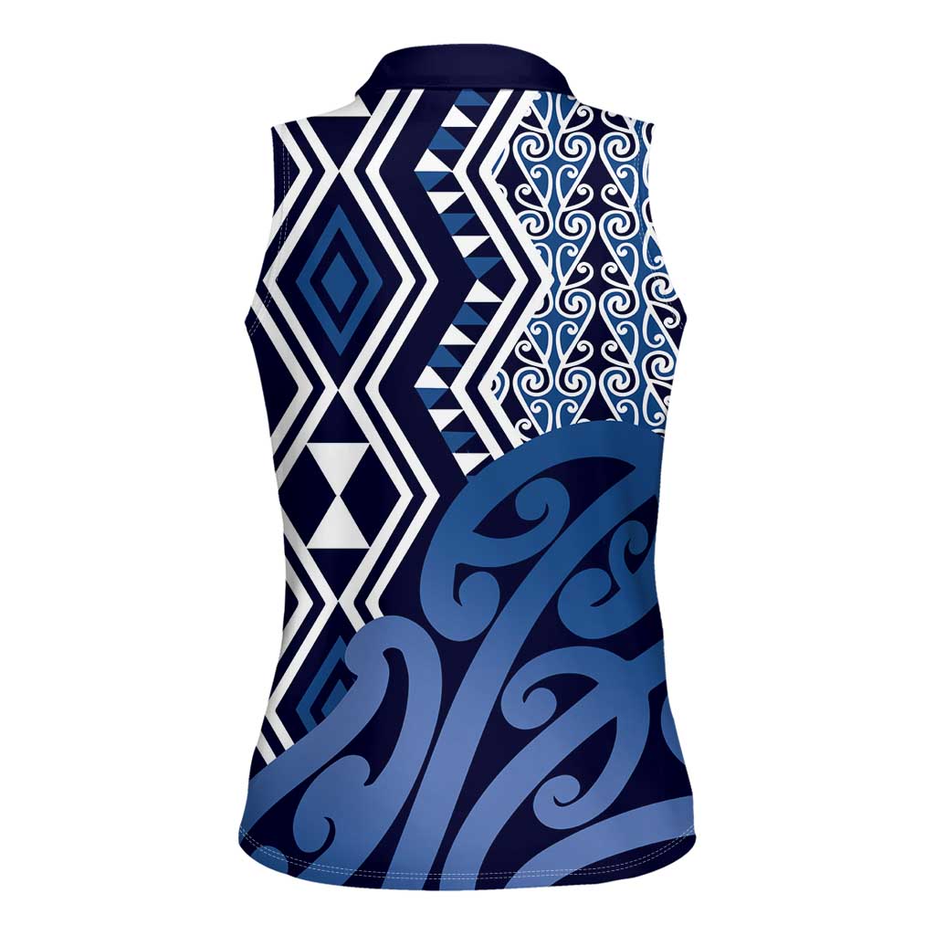 New Zealand Women Sleeveless Polo Shirt Aotearoa Kowhaiwhai Mix Taniko Art - Blue LT14 - Polynesian Pride