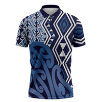New Zealand Zipper Polo Shirt Aotearoa Kowhaiwhai Mix Taniko Art - Blue - Polynesian Pride