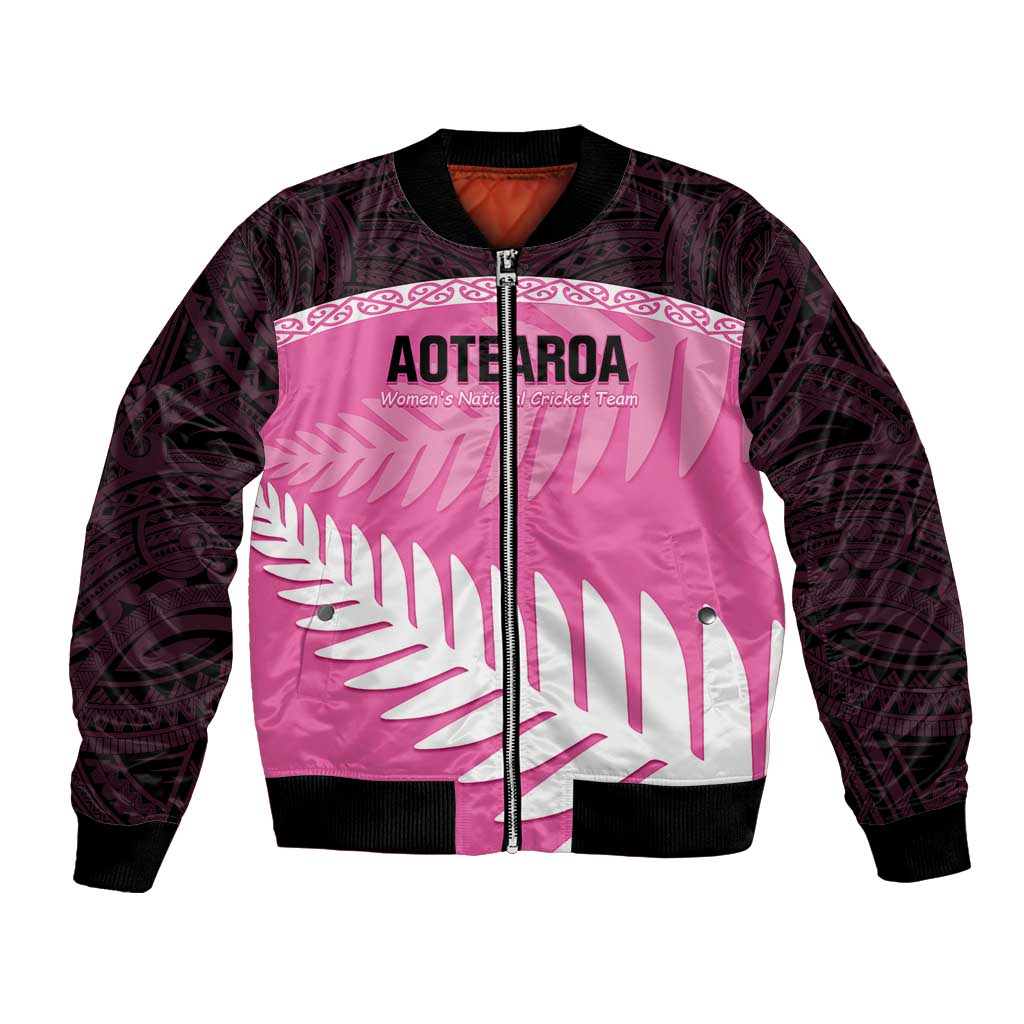 Custom New Zealand Aotearoa Cricket Bomber Jacket Go White Silver Fern LT14 Unisex Pink - Polynesian Pride