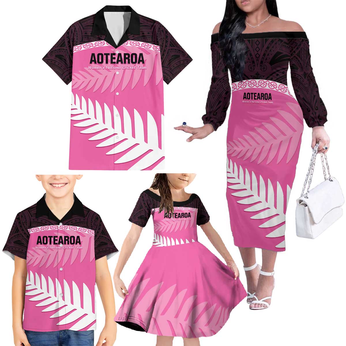 Custom New Zealand Aotearoa Cricket Family Matching Off The Shoulder Long Sleeve Dress and Hawaiian Shirt Go White Silver Fern