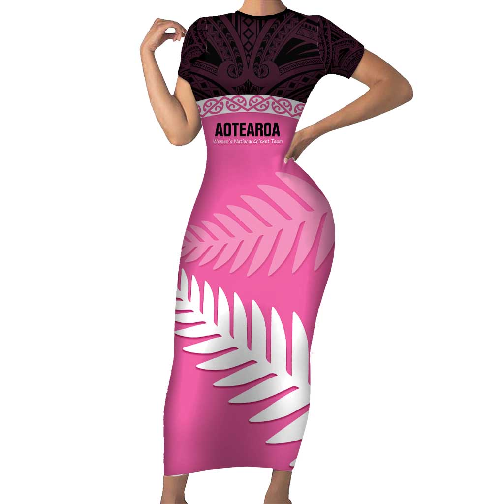 Custom New Zealand Aotearoa Cricket Short Sleeve Bodycon Dress Go White Silver Fern