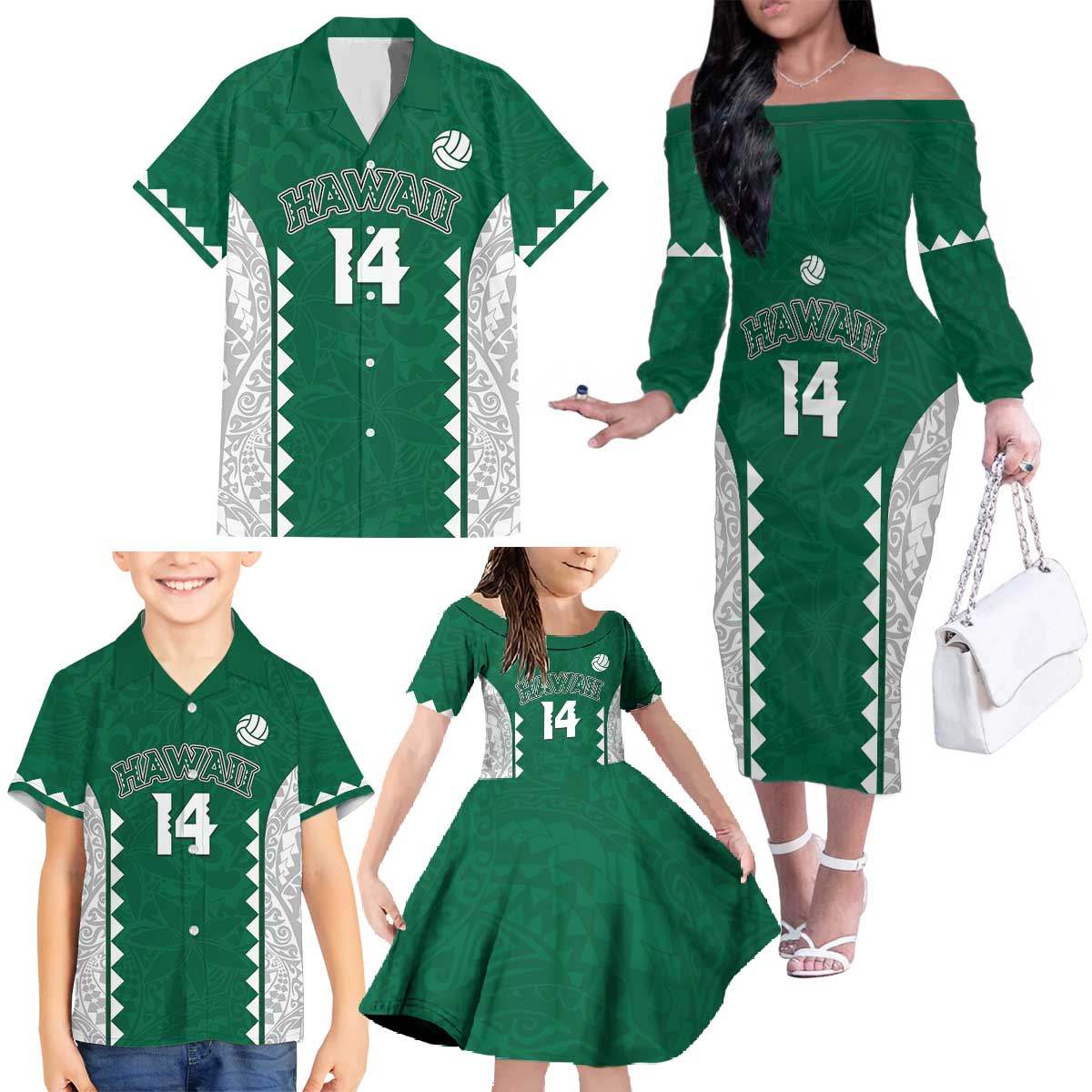 Custom Hawaii Volleyball Family Matching Off The Shoulder Long Sleeve Dress and Hawaiian Shirt Hawaiian Kakau Pattern