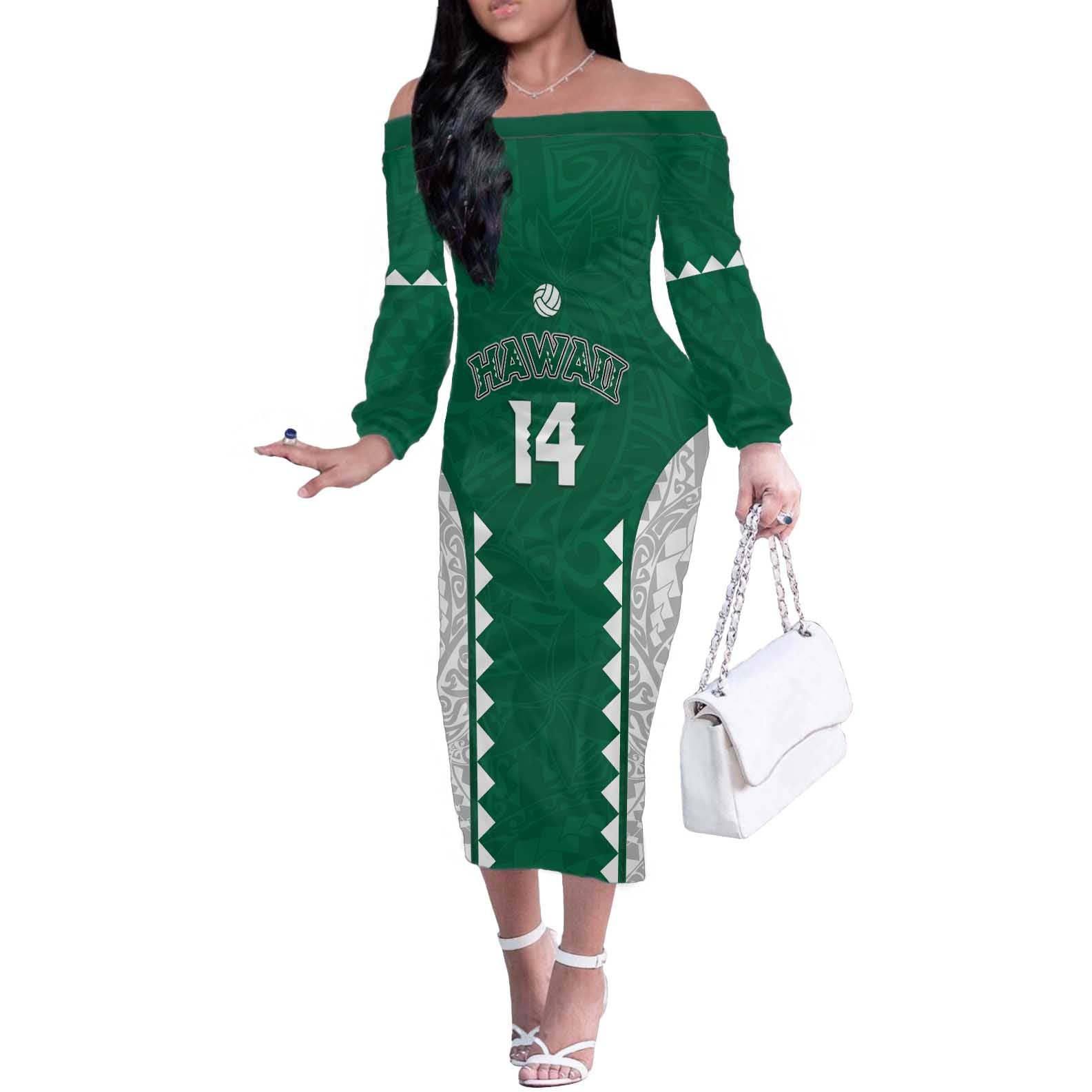 Custom Hawaii Volleyball Off The Shoulder Long Sleeve Dress Hawaiian Kakau Pattern