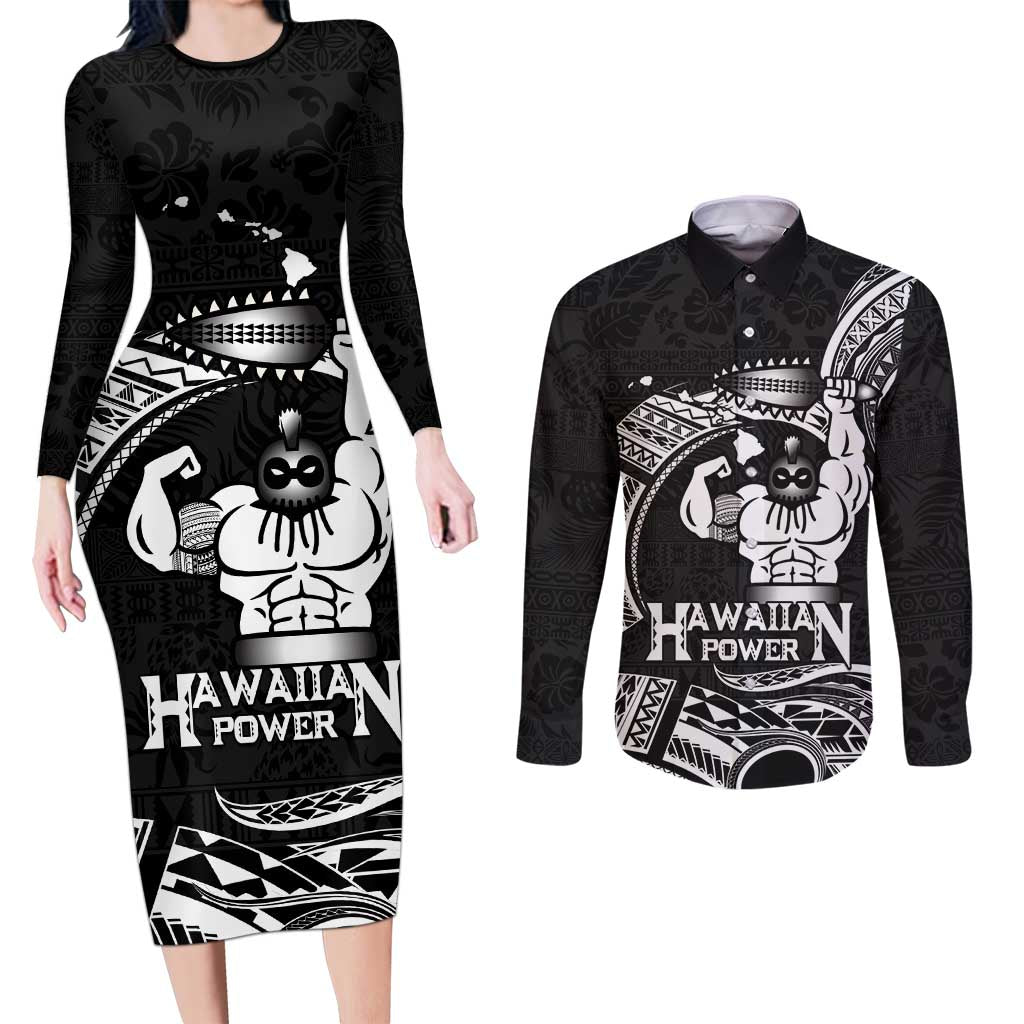 Black Hawaii Ikaika Warrior Couples Matching Long Sleeve Bodycon Dress and Long Sleeve Button Shirt Hawaiian Power