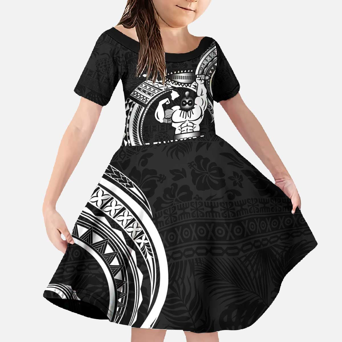 Black Hawaii Ikaika Warrior Family Matching Off The Shoulder Long Sleeve Dress and Hawaiian Shirt Hawaiian Power
