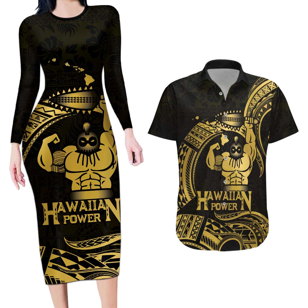 Gold Hawaii Ikaika Warrior Couples Matching Long Sleeve Bodycon Dress and Hawaiian Shirt Hawaiian Power