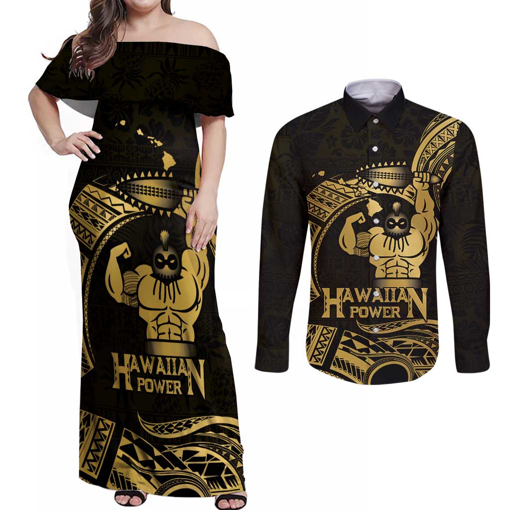 Gold Hawaii Ikaika Warrior Couples Matching Off Shoulder Maxi Dress and Long Sleeve Button Shirt Hawaiian Power