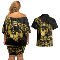 Gold Hawaii Ikaika Warrior Couples Matching Off Shoulder Short Dress and Hawaiian Shirt Hawaiian Power