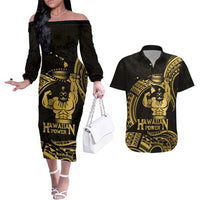 Gold Hawaii Ikaika Warrior Couples Matching Off The Shoulder Long Sleeve Dress and Hawaiian Shirt Hawaiian Power