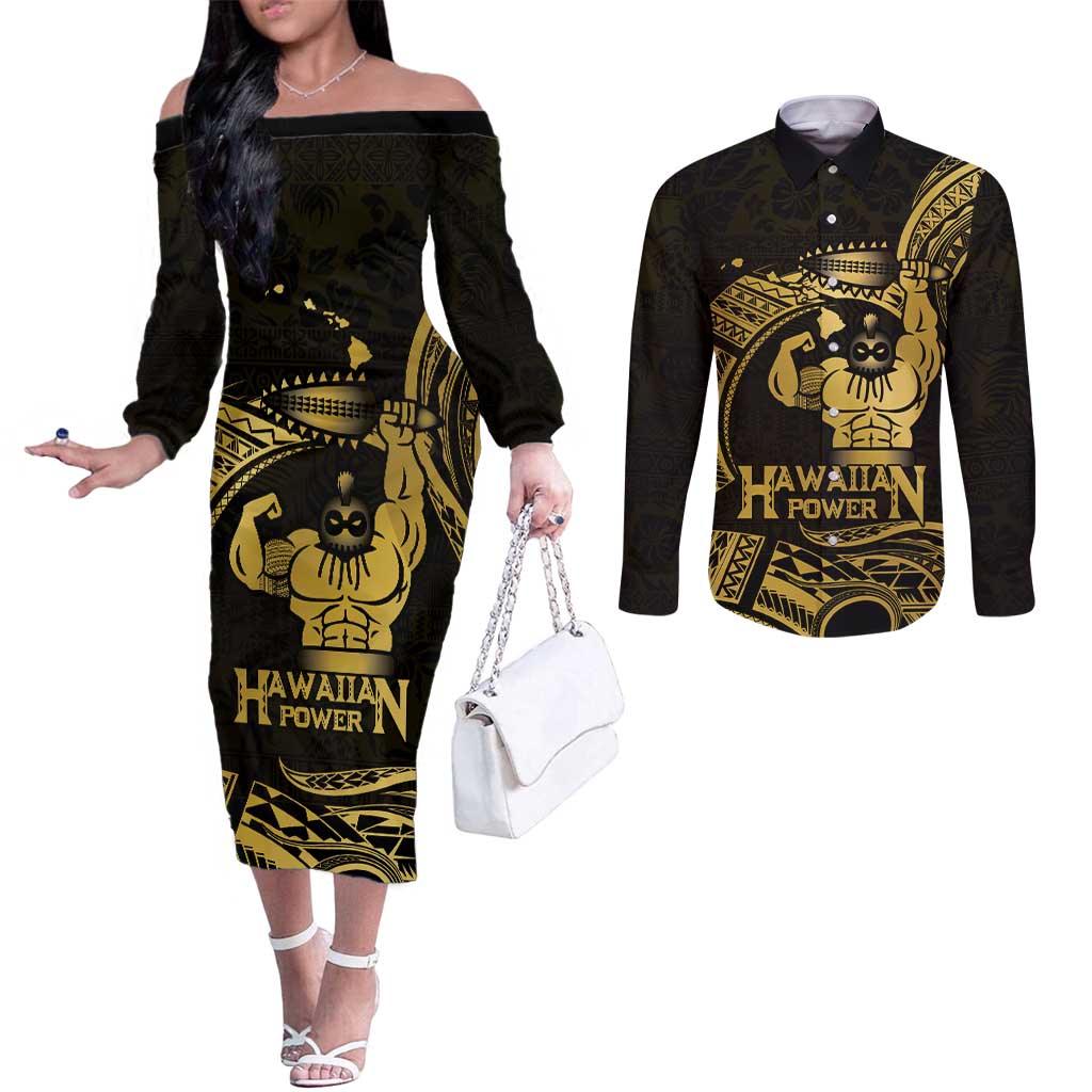 Gold Hawaii Ikaika Warrior Couples Matching Off The Shoulder Long Sleeve Dress and Long Sleeve Button Shirt Hawaiian Power