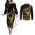 Gold Hawaii Ikaika Warrior Couples Matching Off The Shoulder Long Sleeve Dress and Long Sleeve Button Shirt Hawaiian Power