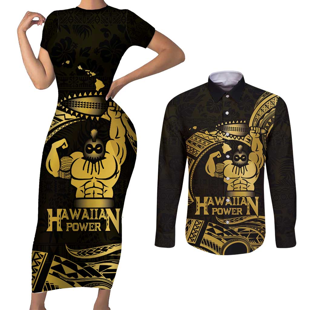 Gold Hawaii Ikaika Warrior Couples Matching Short Sleeve Bodycon Dress and Long Sleeve Button Shirt Hawaiian Power