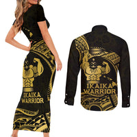 Gold Hawaii Ikaika Warrior Couples Matching Short Sleeve Bodycon Dress and Long Sleeve Button Shirt Hawaiian Power