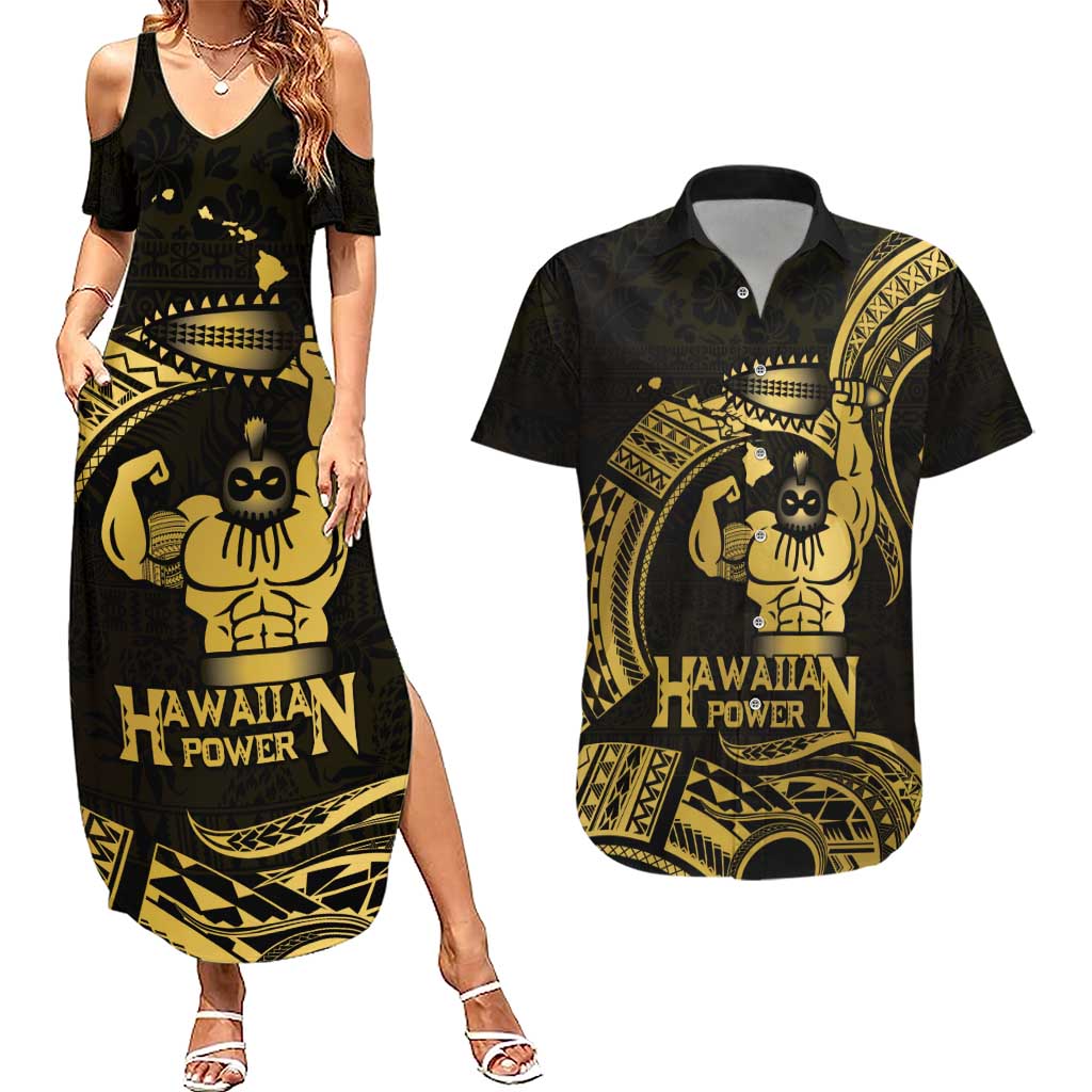 Gold Hawaii Ikaika Warrior Couples Matching Summer Maxi Dress and Hawaiian Shirt Hawaiian Power