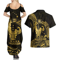 Gold Hawaii Ikaika Warrior Couples Matching Summer Maxi Dress and Hawaiian Shirt Hawaiian Power