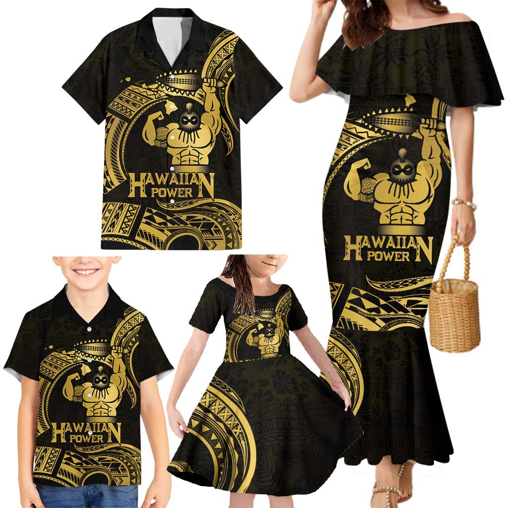 Gold Hawaii Ikaika Warrior Family Matching Mermaid Dress and Hawaiian Shirt Hawaiian Power