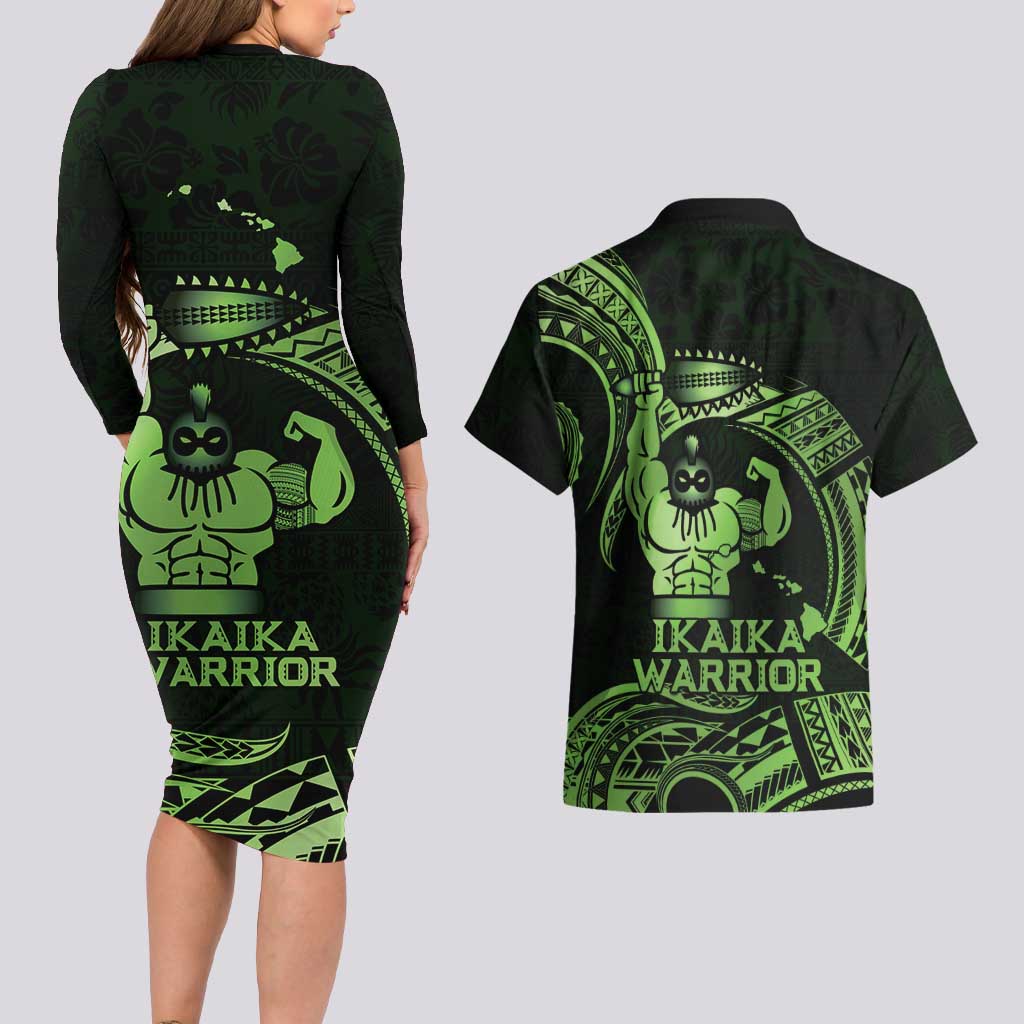 Green Hawaii Ikaika Warrior Couples Matching Long Sleeve Bodycon Dress and Hawaiian Shirt Hawaiian Power