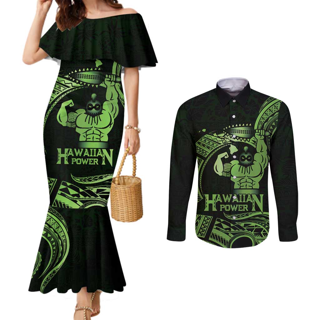 Green Hawaii Ikaika Warrior Couples Matching Mermaid Dress and Long Sleeve Button Shirt Hawaiian Power